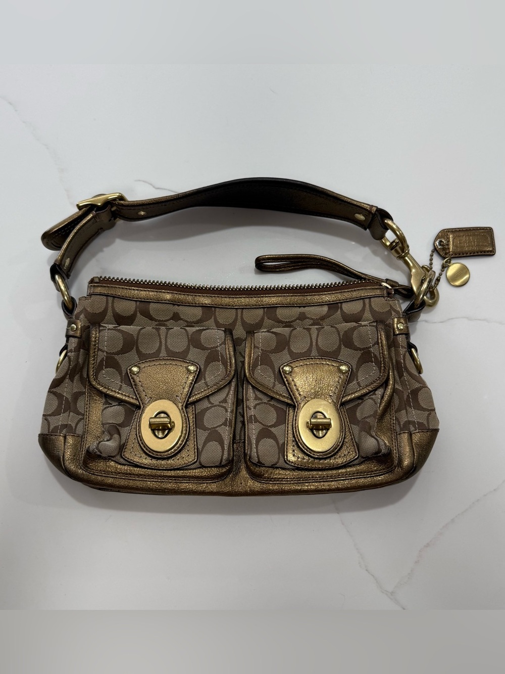 Coach Legacy Signature Canvas Metallic Leather Shoulder Bag Brown 10339 Auth Vtg